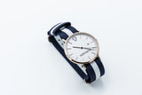 Rose gold minimalist watch with leather straps-White and Blue canvas Nato straps