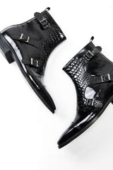 Patent leather smart boots with buckles